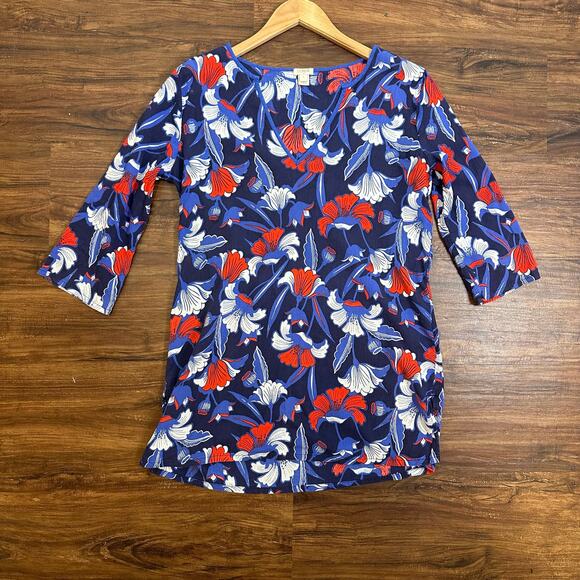 J crew Blue Red Floral Tissue Tunic Swim Cover Up Top S Small - Picture 1 of 8